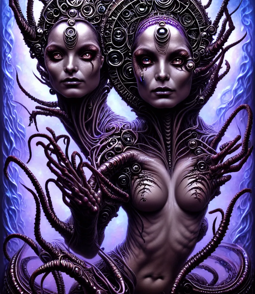 Prompt: A beautiful detailed alien goddess woman with 6 arms super dark tarot card, gorgeous model face by Stanley Artgerm, by tomasz alen kopera and Justin Gerard, 4 eyes, beautiful symmetrical features, ominous, magical realism, melting, texture, intricate, ornate, royally decorated, melting, whirling smoke, embers, purple adornments, blue torn fabric, radiant colors, fantasy, trending on artstation, volumetric lighting, micro details, 3d sculpture, ray tracing, 8k, anaglyph effect