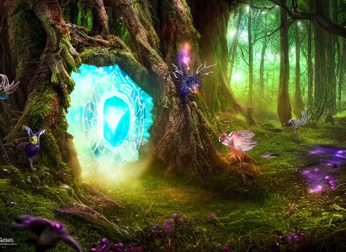 Prompt: photo of a crystal portal to a different world with magical creatures in it, in the forest. Fantasy magic style. Highly detailed 8k. Intricate. Nikon d850 55mm. Award winning photography.