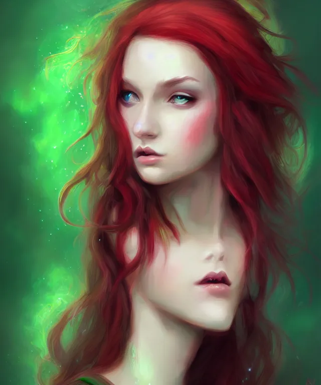 Image similar to Fae teenage girl, portrait, face, long red hair, green highlights, fantasy, intricate, elegant, highly detailed, digital painting, concept art, smooth