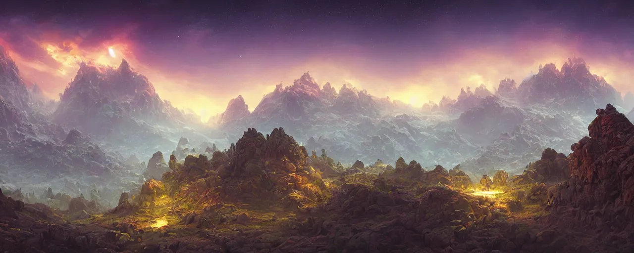 Prompt: ” outer planet with a rugged mountain range, [ art by paul lehr, cinematic, detailed, epic, widescreen, opening, establishing, mattepainting, photorealistic, realistic textures, octane render ] ”