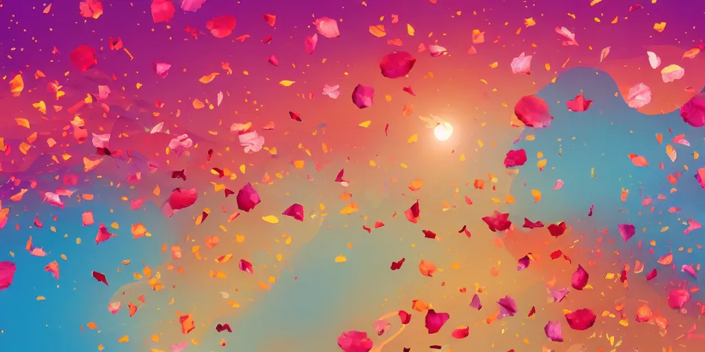 Image similar to background art of spaciously scattered flower petals flowing and flowing through the air from left to right on a simple sunset background, large individual rose petals, large triangles, polygonal fragments, anime, artgerm, manga, trending on artstation, art nouveau, mature color scheme