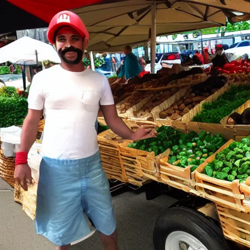 Prompt: mario selling mushrooms in a farmers market