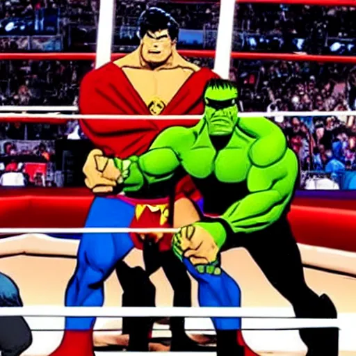 Image similar to supermen and hulk at WWE smacking down Vince McMahon