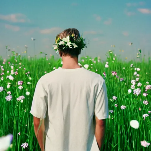 Prompt: revolog volvox photograph of a skinny blonde guy standing in a field of flowers, flower crown, back view, grain, moody lighting, telephoto, 9 0 s vibe, blurry background, vaporwave colors!, faded!,