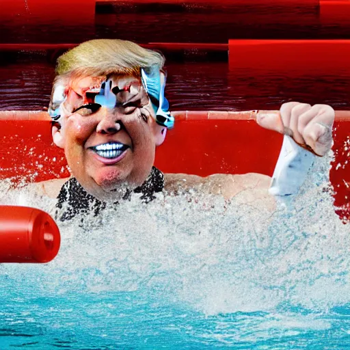 Prompt: professional photograph of Donald Trump swimming in a pool full of tomato soup, 8k, dslr, cinematic,