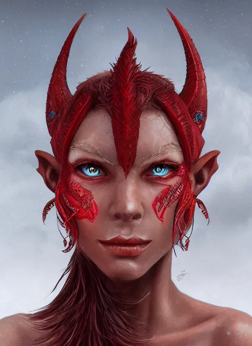 Image similar to red skin, Tiefling , smiling, beautiful detailed eyes, cute, fantasy, intricate, elegant, highly detailed, digital painting, 4k, HDR, concept art, detailed jewelry, smooth, sharp focus, illustration, by Eric Deschamps