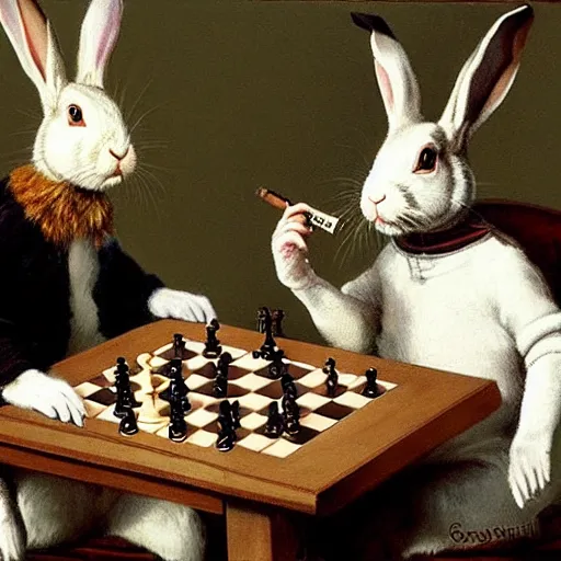 Image similar to rabbits smoking pipes and playing chess. Painting of rabbits in sweaters by James Gurney.