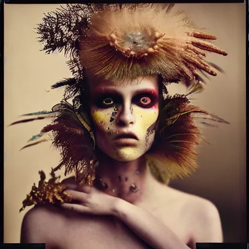 Prompt: kodak portra 4 0 0, wetplate, photo of a surreal artsy dream scene,, weird fashion, in the nature, highly detailed face, very beautiful model, portrait, expressive eyes, close up, extravagant dress, carneval, animal, wtf, photographed by paolo roversi style and julia hetta, 8 k resolution