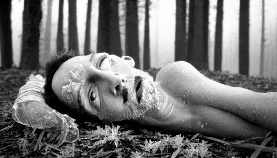 Image similar to 1 9 6 0 s movie still close up of a skinny emperor marcus aurelius with frozen face and a frozen toga, laying down on the danube's shore pine forests, cinestill 8 0 0 t 3 5 mm b & w, high quality, heavy grain, high detail, texture, dramatic light, anamorphic, hyperrealistic, foggy