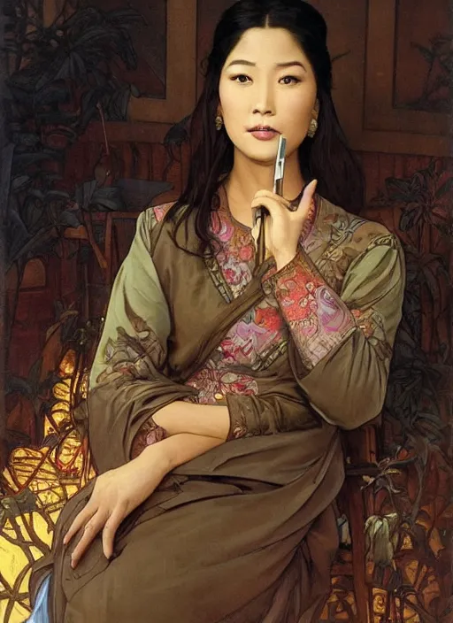 Prompt: a painting of a beautiful 35 year old Asian woman with tanned skin and traditional dress with long sleeves that cover one hand. She is holding a pen. by Artgerm and Greg Rutkowski and Alphonse Mucha, dramatic studio lighting