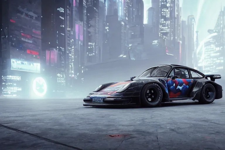 Image similar to porsche 9 5 9 rwb cyberpunk fighter jet flying over a city, back to the future flux capacitor, a hyper - futuristic detailed matte painting by zack snyder, trending on cg society, auto - destructive art, vray tracing, unreal engine 5, reimagined by industrial light and magic