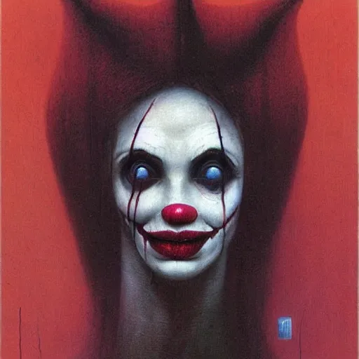 Image similar to evil beautiful female clown by Beksinski