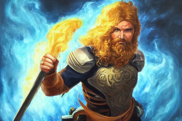 Image similar to a beautiful alex trebek with long curly blond hair brutally destroys his enemies on the battlefield, wrath flame and ruin, oil painting, trending on artstation