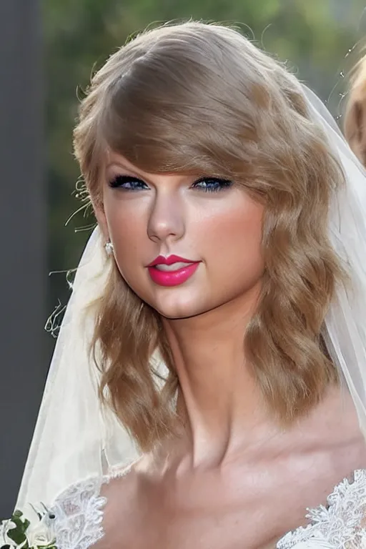 Image similar to waist - up - photo!!!!!!!!!!!! of taylor swift in a beautiful wedding dress, focus on face and facial details. ( ( ( ( ( ( head - shot ) ) ) ) ) )