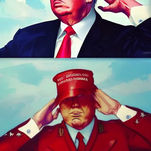 Image similar to donald trump as a communist, doing a military salute, red suit, art by artgerm, greg rutkowski, drew struzan, studio portrait, highly detailed, digital art, elegant, intricate, concept art, trending on artstation