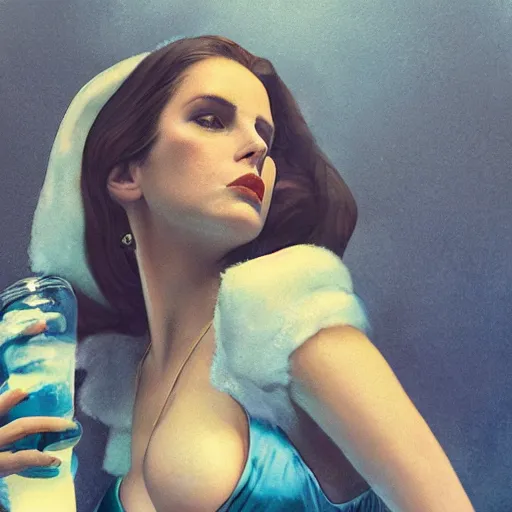 Prompt: detailed photo of lana del rey wearing a playboy bunny outfit emptying a bottle of water over herself, 8 k, by greg rutkowski, artgerm, global illumination