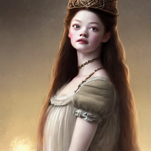 Prompt: beautiful & striking Mackenzie Foy as a 1700s princess by Artgerm and Greg Rutkowski, intricate, elegant, highly detailed, digital painting, artstation, concept art, moody, sharp focus, illustration,