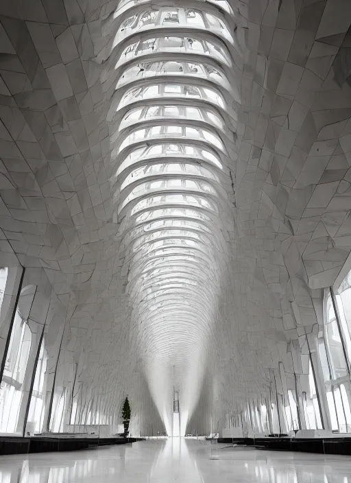 Prompt: white marble interior photograph, architecture carved, shiny, brutalist, angular, expansive, by louis kahn and moshe safdie