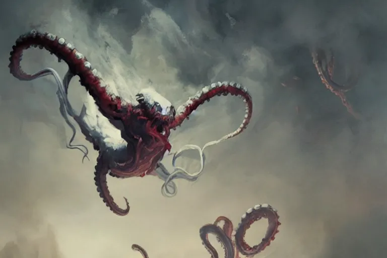 Image similar to painting by greg rutkowski of a flying chalk white head, with tentacles coming of the neck, red eyes, flying in a terrying hell like cavernous place