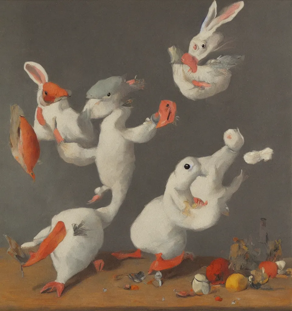 Prompt: still life painting of a fish rabbit dancing with an angry duck on a white table, impressionism