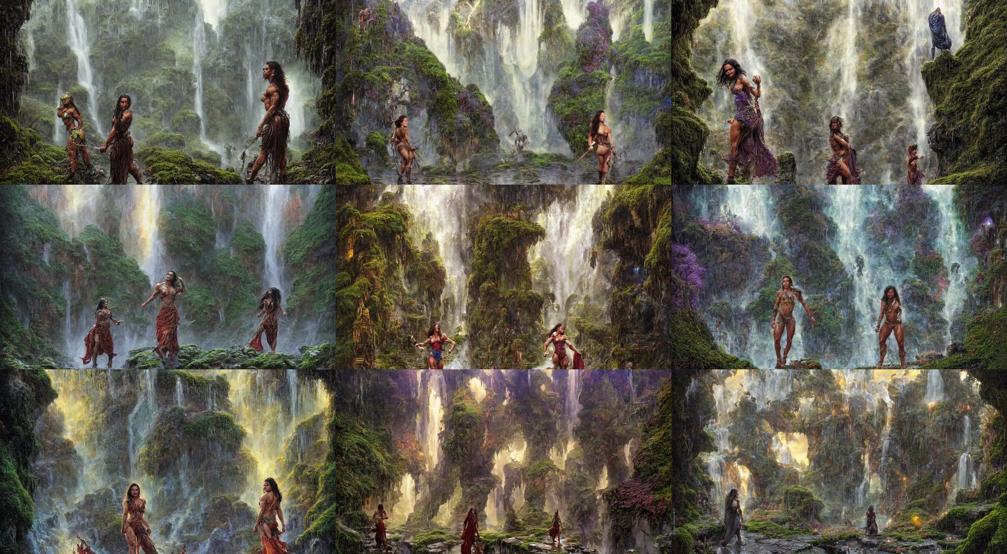 Prompt: epic portrait of mila kunis as a bodybuilder warrior standing in a busy cobbled street, bright colors, sparkles, light rain, moist mossy white stones, mist from waterfall, cave glowing stones, epic composition, donato giancola, tim hildebrandt, wayne barlow, bruce pennington, larry elmore