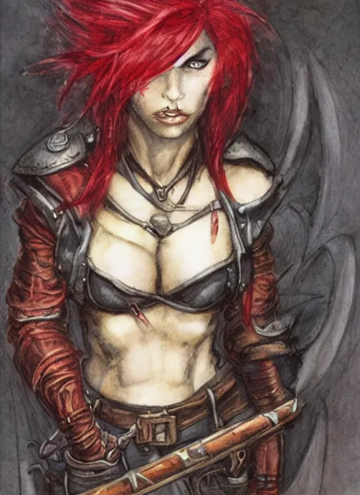 Image similar to portrait of strong female rogue, beautiful! coherent! dungeons and dragons character, by brian froud, strong line, night color, leather armor, short red hair, high contrast