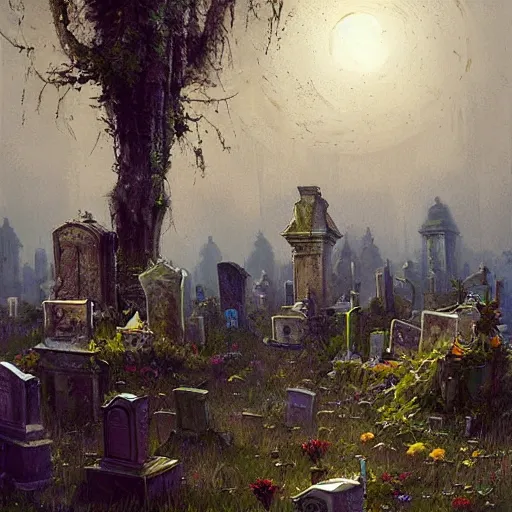 Image similar to A Greg Rutkowski painting of a graveyard, floralpunk