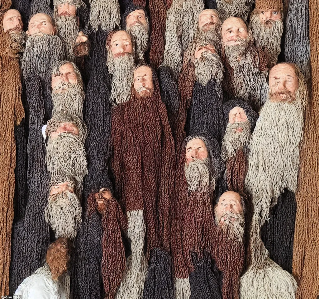 Image similar to some people that i had read about had knitted all of their beards together, a macrame homage to a better life, a tapestry depicting human failure, in real time and in three or four dimensions. they had been put in prison after they had knitted themselves to a shoplifter in solidarity