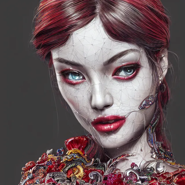 Image similar to an absurdly beautiful, elegant, young hypercolorful woman made of rubies and red gems, ultrafine hyperrealistic detailed face illustration by kim jung gi, irakli nadar, intricate linework, sharp focus, bright colors, matte, octopath traveler, final fantasy, unreal engine highly rendered, global illumination, radiant light, intricate environment