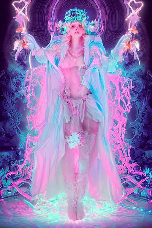 Image similar to full-body rococo and cyberpunk delicate neon crystalline sculpture of ((young muscular blue albino Colombian prince)) as an iridescent humanoid deity wearing ((peach plastic hooded cloak)) (holding a human skull) in a white castle dungeon, reclining, glowing pink face, crown of (pink lasers), large blue diamonds, swirling black silk fabric. futuristic elements. oozing glowing liquid, full-length view. space robots. intricate artwork by caravaggio. Trending on artstation, octane render, cinematic lighting from the right, hyper realism, octane render, 8k, depth of field, 3D