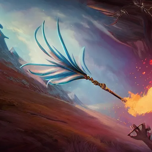 Image similar to magical feather pen, magic smoke trails on the feather pen, epic fantasy style, in the style of Greg Rutkowski, hearthstone artwork