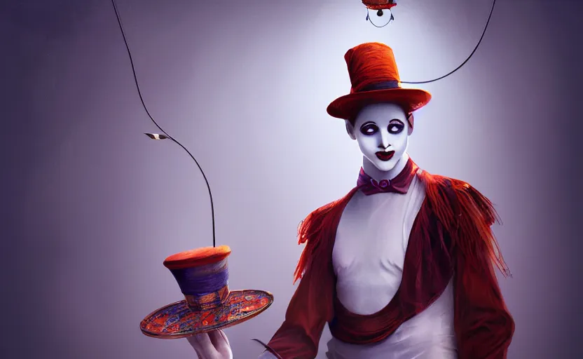 Image similar to award winning digital art of a attractive male pierrot, performing at a magnificent circus, beautiful circus themed background, trending artstation, digital art, aesthetic, bloom, intricate, elegant, sharp focus, digital illustration, highly detailed, octane render, digital painting, concept art, witchlight carnival, masterpiece