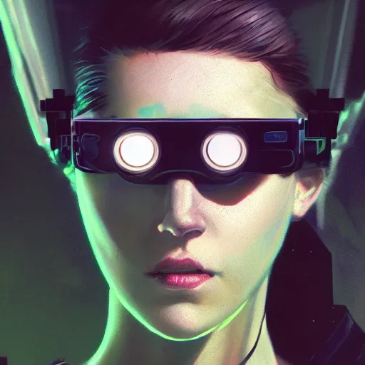 Prompt: a expressive portrait photograph of cyberpunk woman with nightvision goggles in dramatic lighting, depth of field background, artstation, concept art by jim burns and greg rutkowski, a realism masterpiece, james gilleard, bruegel, alphonse mucha, and yoshitaka amano