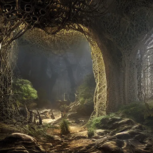 Image similar to biocomputer organs inside a bioneural antique lace in a biomechanical cave forest, epic environment, matte painting, diffused lighting, highly detailed cinematic, epic atmosphere, diffused lighting, highly detailed digital art, trending on artstation, depth of field, wide angle