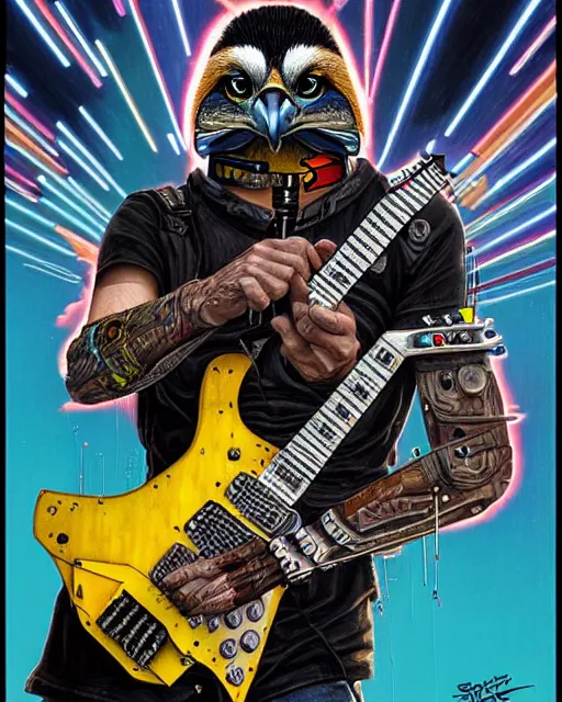 Image similar to a portrait of an anthropomorphic cyberpunk falcon shredding an electric guitar by sandra chevrier, by jon foster, detailed render, tape deck, epic composition, cybernetics, 4 k realistic, cryengine, realistic shaded lighting, sharp focus, masterpiece, by enki bilal