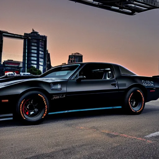 Prompt: black pontiac firebird trans - am with flames graphics on the chassis facing the camera, sunrise, cinematic, motionblur, sunbeams, volumetric lighting, wide shot, low angle, artstation