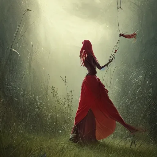 Prompt: a woman with long hair and with red long dress balancing with wind on a lawn, with weeds and some trees, highly detailed, illustration, fantasy art, in the style of greg rutkowski, epic, fantasy, intricate, hyper detailed, artstation, concept art, smooth, sharp focus, ray tracing