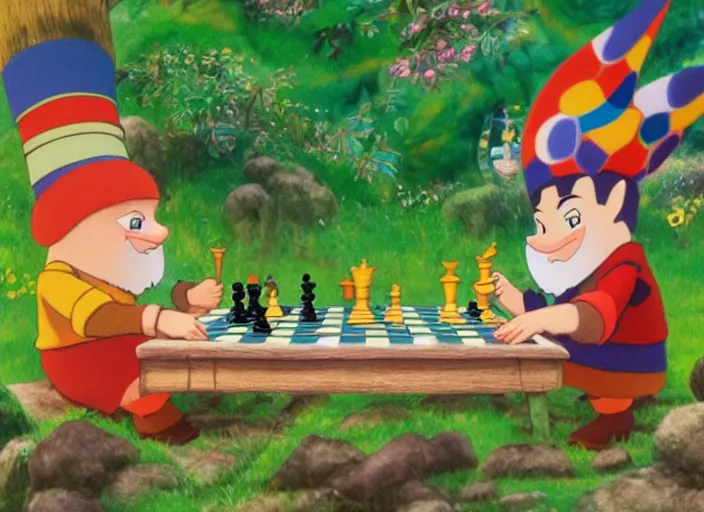 Prompt: two gnomes playing chess in a forest, cute, colourful, detailed, intricate, smooth, fluid, high contrast, high quality, pastel colours, brushed, 4 k, by studio disney and studio ghibli and maurice sendak and richard scarry