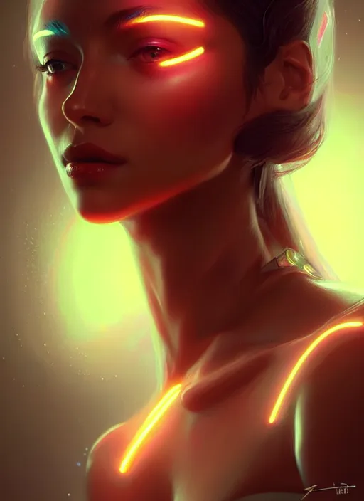 Prompt: portrait of female humanoid, intricate, elegant, cyberneon lights, highly detailed, digital painting, artstation, glamor pose, concept art, smooth, sharp focus, art by artgerm and greg rutkowski