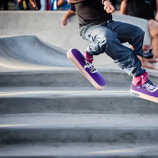 Image similar to skater wearing nike sb dunks doing a kickflip at the venice beach skatepark