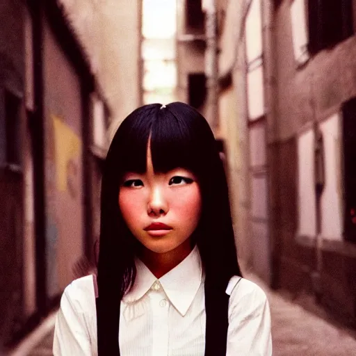 Prompt: 2000s perfect 8K HD professional photo of close-up japanese schoolgirl posing in sci-fi dystopian alleyway, at instagram, Behance, Adobe Lightroom, with instagram filters, depth of field, taken with polaroid kodak portra