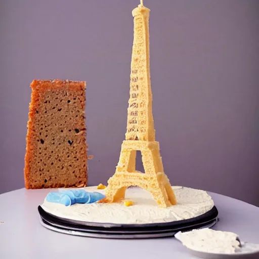 Prompt: a cake that is made of a varieaty of cheese in the shape of the eiffel tower, tha cake is in the shape of the eiffel tower, all the cake structure is made of cheese and in format of the eiffel tower , Award winning photo 35mm