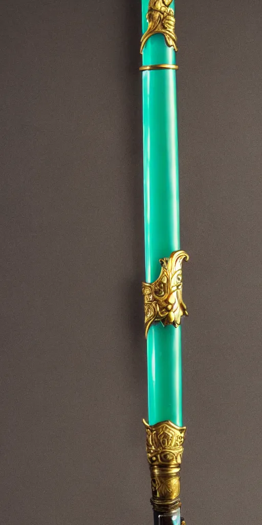 Image similar to photograph of a wide green and teal crystal sword with a big gold sword hilt