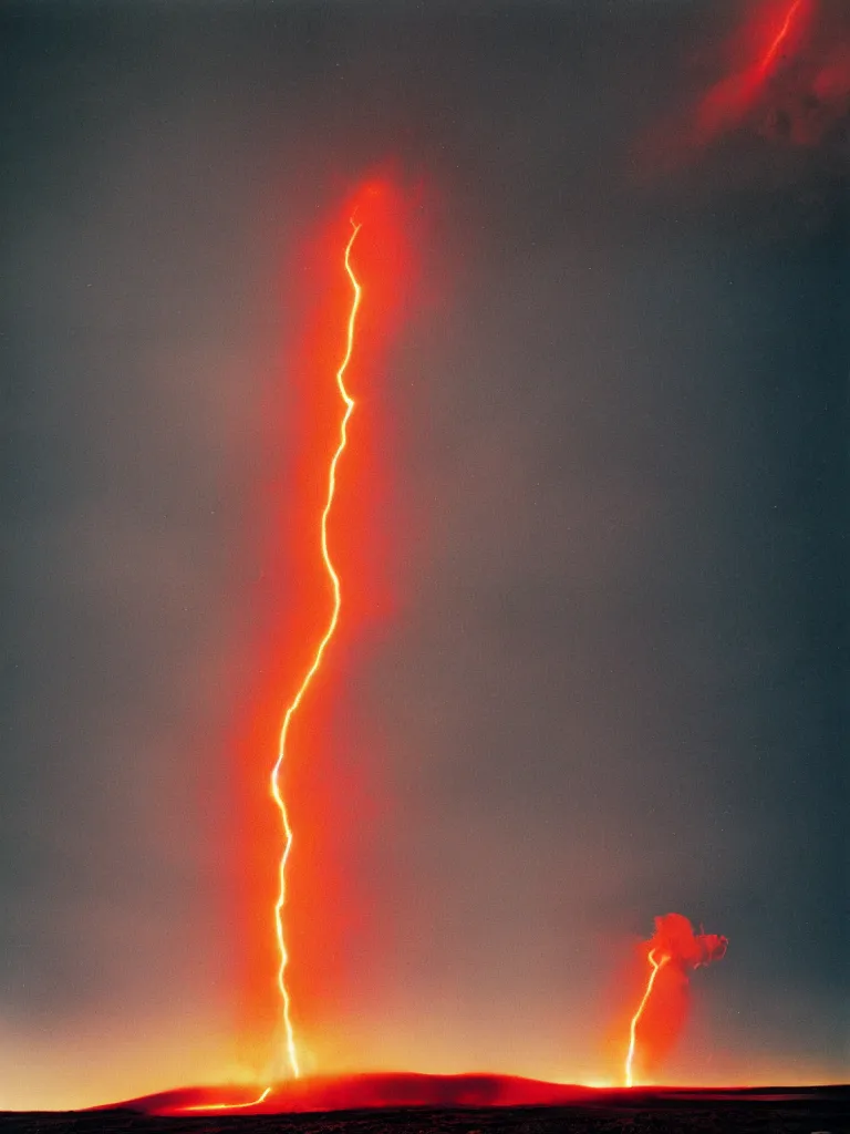 Prompt: An Icelandic Volcano violently spewing a rocket of lava into space, The lava becomes lightning branching into the sky, dark background, photograph by William Eggleston