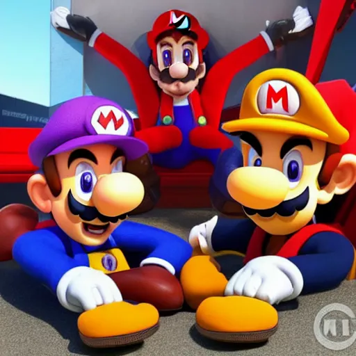 Image similar to Portrait of Max Verstappen as Waluigi and Charles Leclerc as Mario, nintendo, high detail, realism, 4k