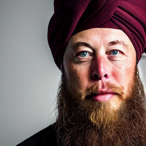 Prompt: a portrait elon musk wearing a long beard and a turban joining the taliban, fine details, close up, 8 k photography, depth of field, bokeh. i