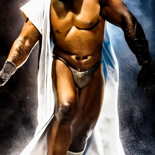 Image similar to kanye west as zeus!!!, god of thunder, greek god, white robe, thunderbolt, in mortal kombat, mythology, fantasy, detailed face, splash art, movie still, cinematic lighting, dramatic, octane render, long lens, shallow depth of field, bokeh, anamorphic lens flare, 8 k, hyper detailed, 3 5 mm film grain