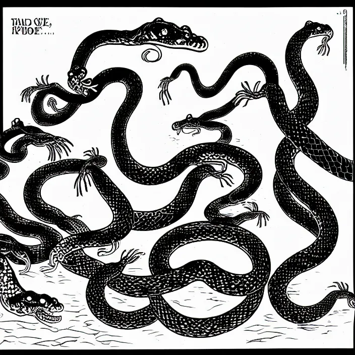 Prompt: a still frame from comic strip, a bouquet of snakes 1 9 5 0, herluf bidstrup, new yorker illustration, monochrome contrast bw, lineart, manga, tadanori yokoo, simplified,