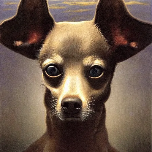 Image similar to an ominous beksinski painting of an enormous Chihuahua, 8k