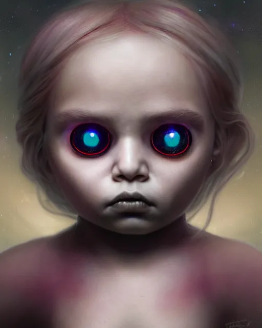 Image similar to one singular portrait of a bioluminescent spooky child doll with big glowing eyes, highly detailed, digital painting, cinematic, hyper realism, dark retrowave, art by Stanley Lau and Artgerm and magali villeneuve and Alphonse Mucha, artstation, octane render, cgsociety